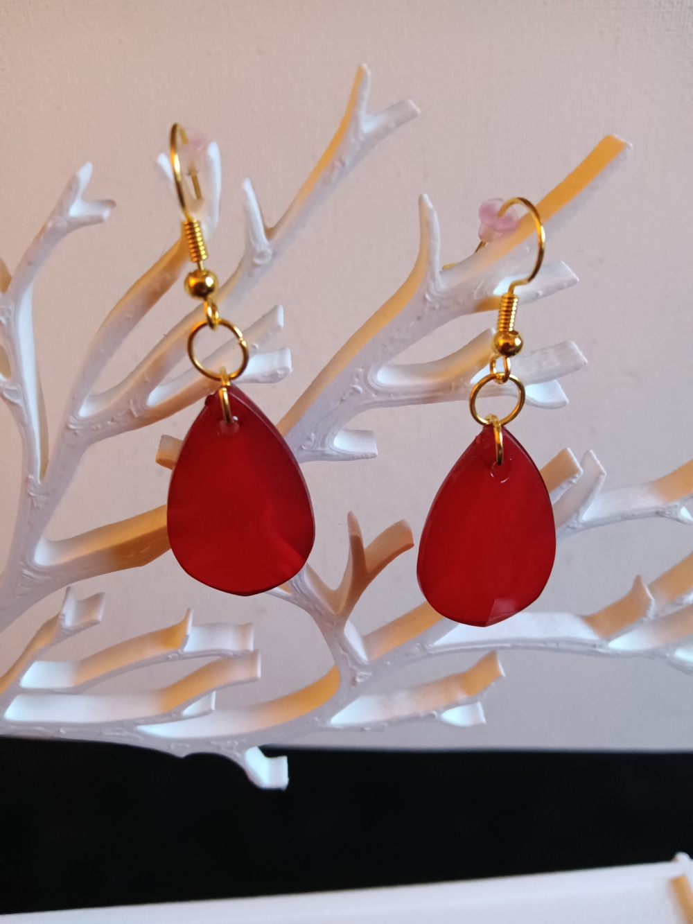 Red Teardrop Dangle Earrings - Gold Hardware